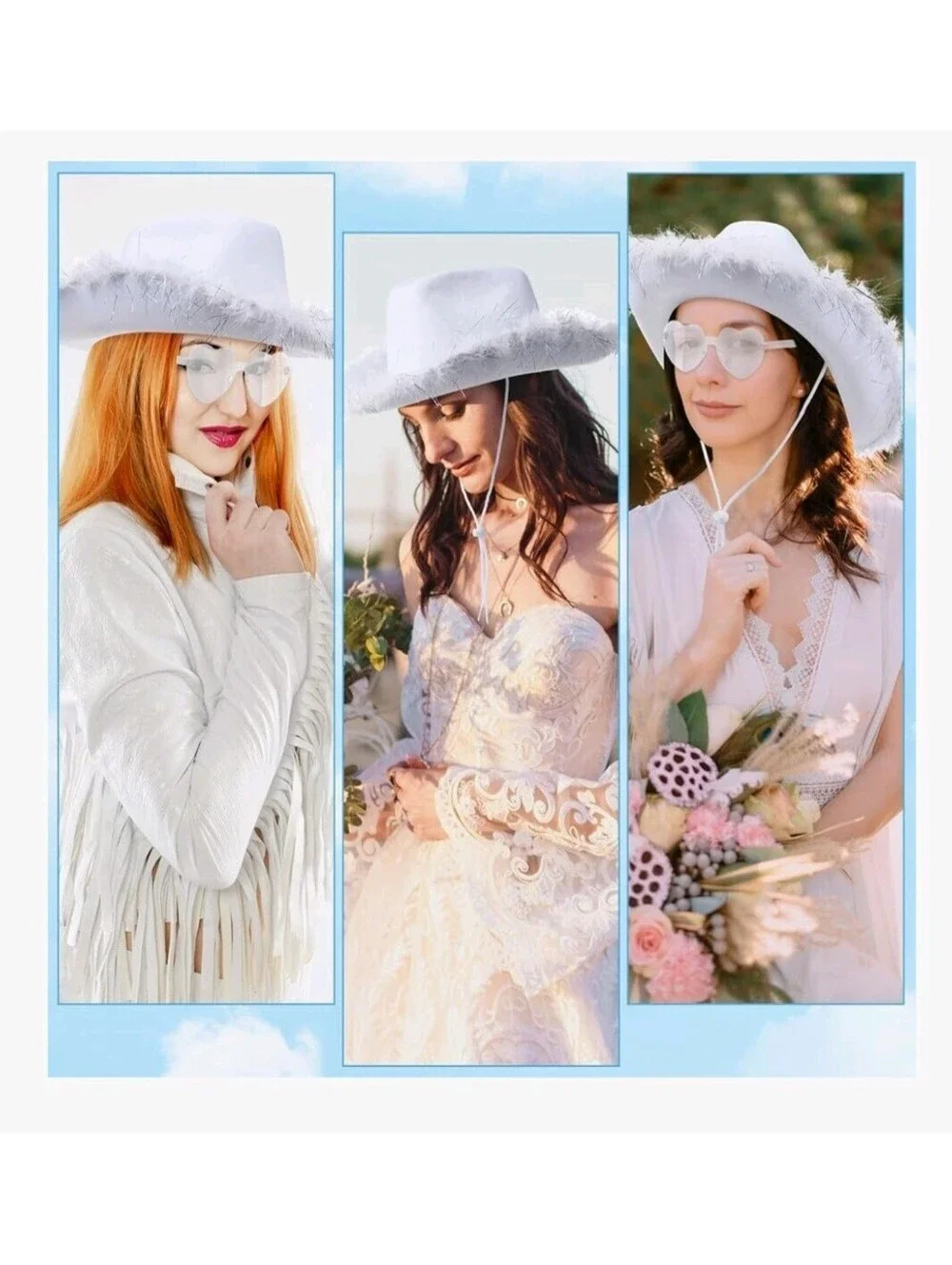 Feather Cowgirl Hat with Paisley Bandana & Heart Glasses 1-Set White